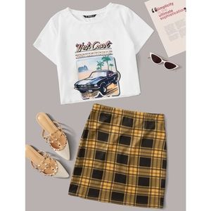 West Coast Graphic Tee & Plaid Mini Skirt Set